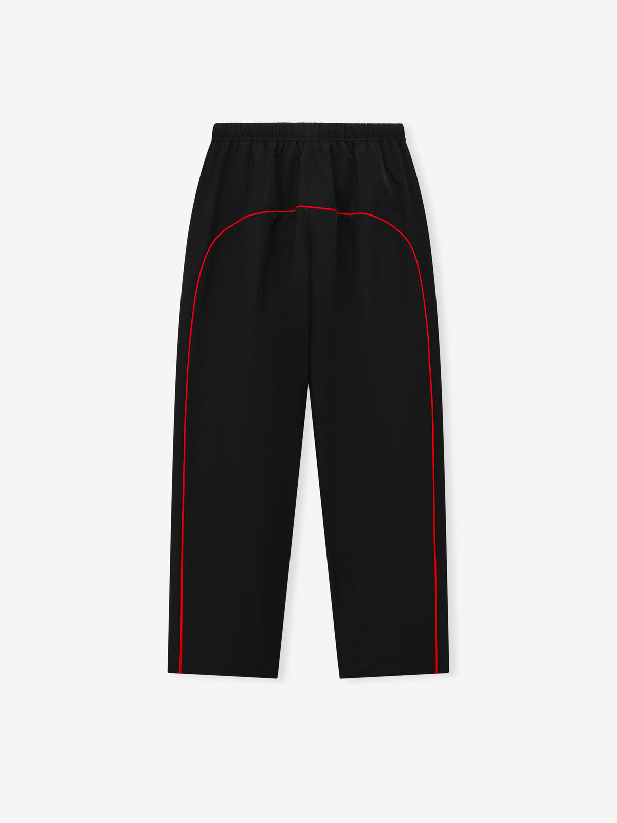 Marathon Relaxed Track Pant in black with red side piping and elastic waistband displayed flat as Bottoms