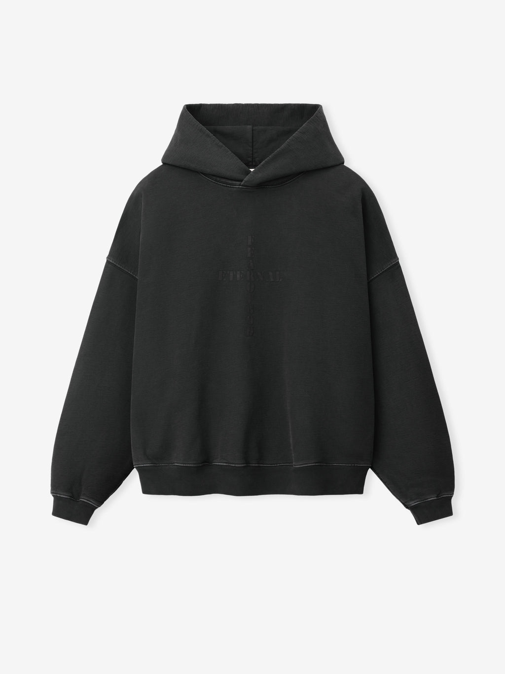 Cross Hoodie shown flat from the front in black with an oversized fit hood long sleeves ribbed cuffs and hem and subtle tonal chest graphic as Tops