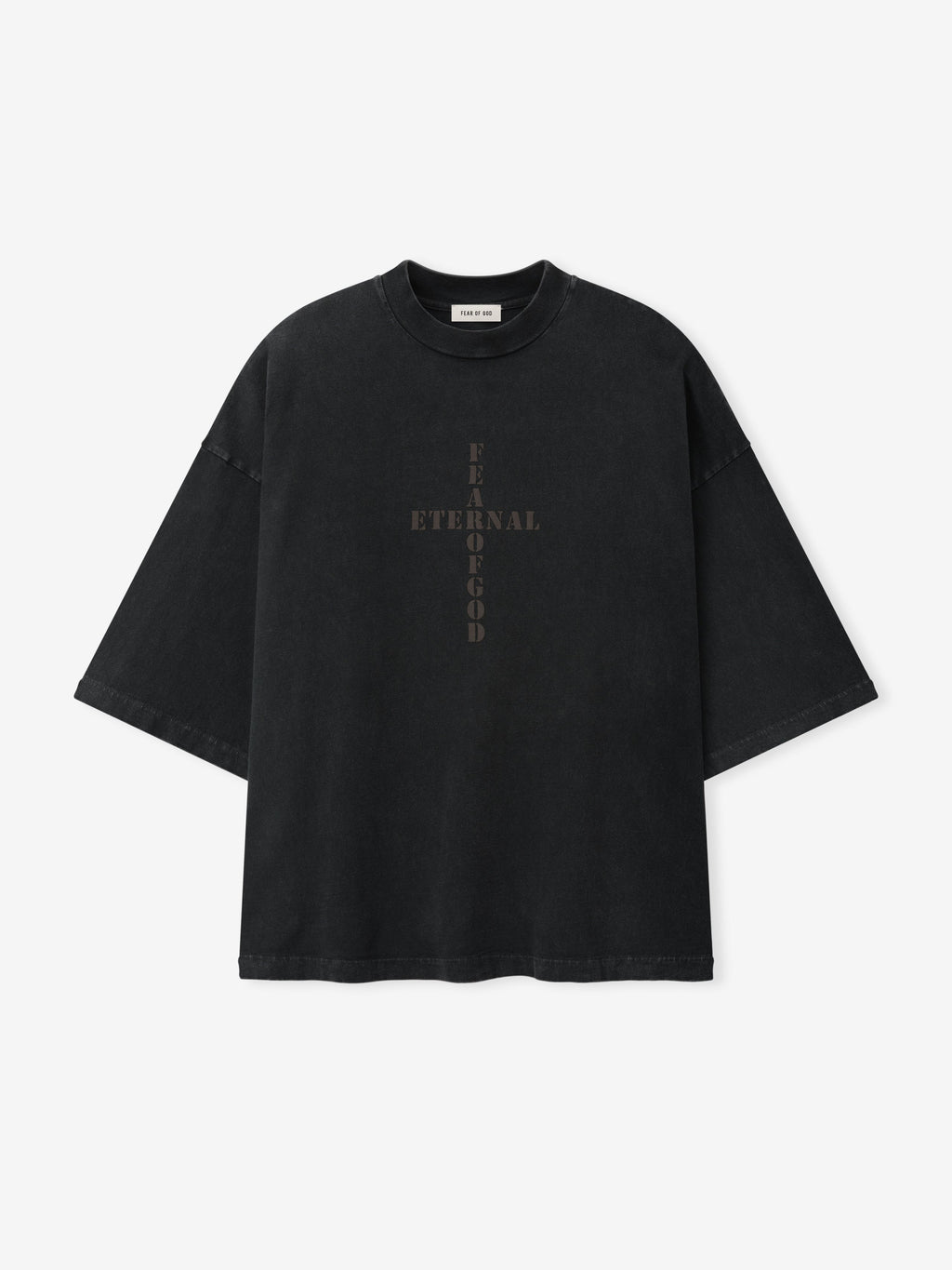 Cross Tee shown flat from the front in black with a crew neck short sleeves relaxed fit and subtle tonal vertical cross graphic as Tops