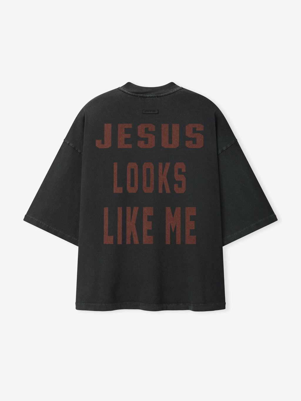 Cross Tee laid flat in black with a crew neckline short sleeves and bold burgundy JESUS LOOKS LIKE ME chest lettering as Tops