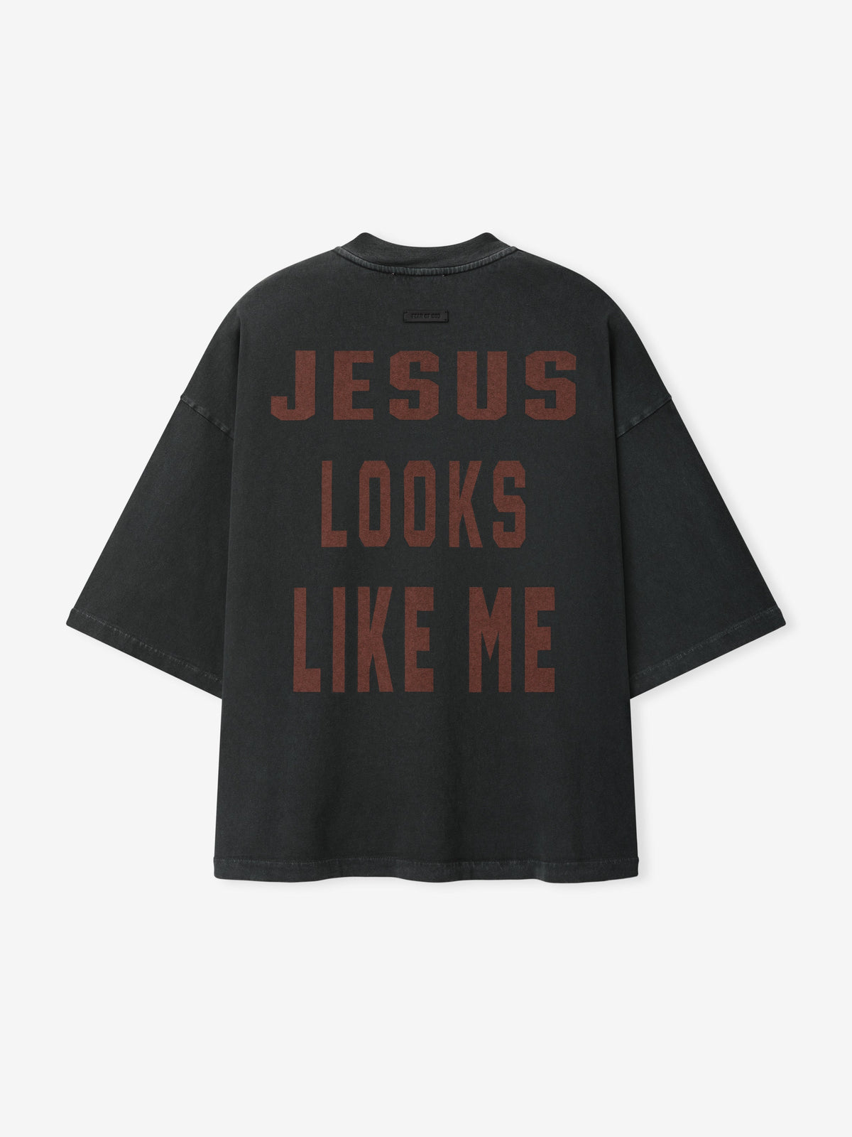 Cross Tee laid flat in black with a crew neckline short sleeves and bold burgundy JESUS LOOKS LIKE ME chest lettering as Tops
