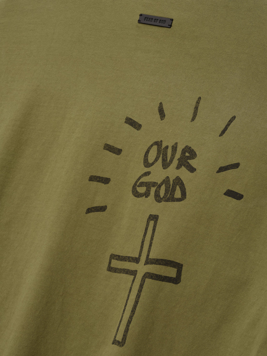 Hand Written Tee in olive green featuring handwritten Our God lettering and a cross graphic with radiating marks on the chest as Tops