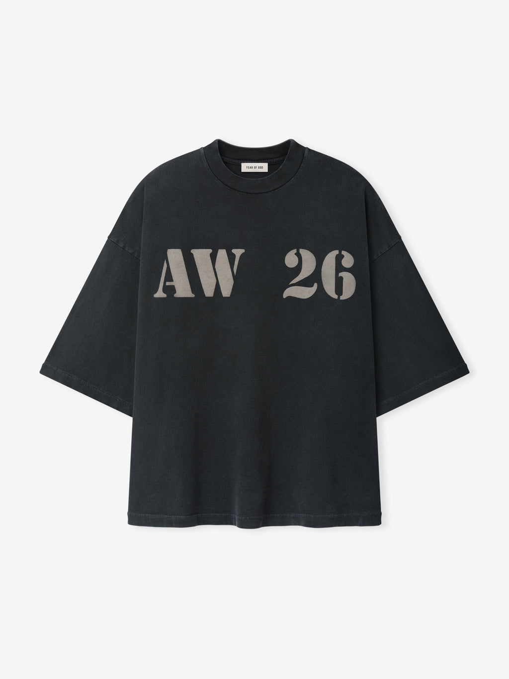 AW26 Tee in black with a crew neckline short sleeves and tonal gray AW 26 chest lettering shown flat as Tops
