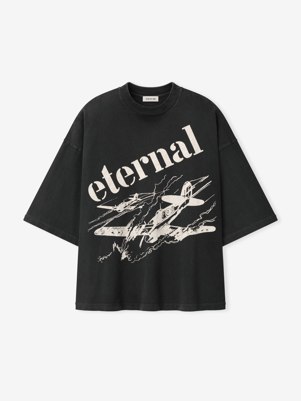 Flight Tee in black with oversized cream Eternal lettering and an abstract illustrated chest graphic shown flat as Tops