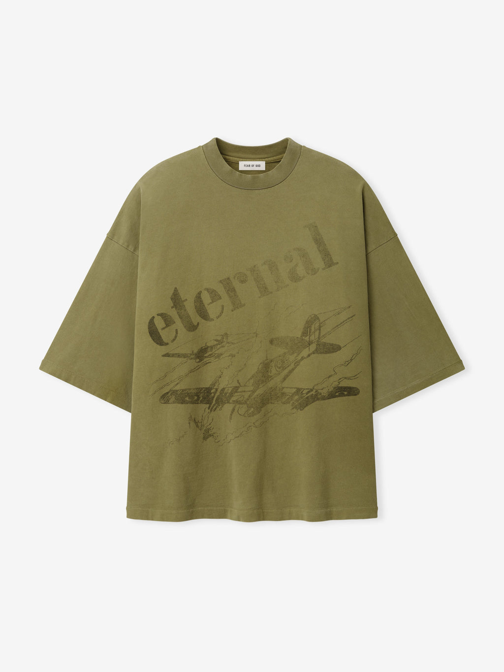 Flight Tee in olive green with oversized Eternal lettering and a vintage aircraft graphic shown flat as Tops