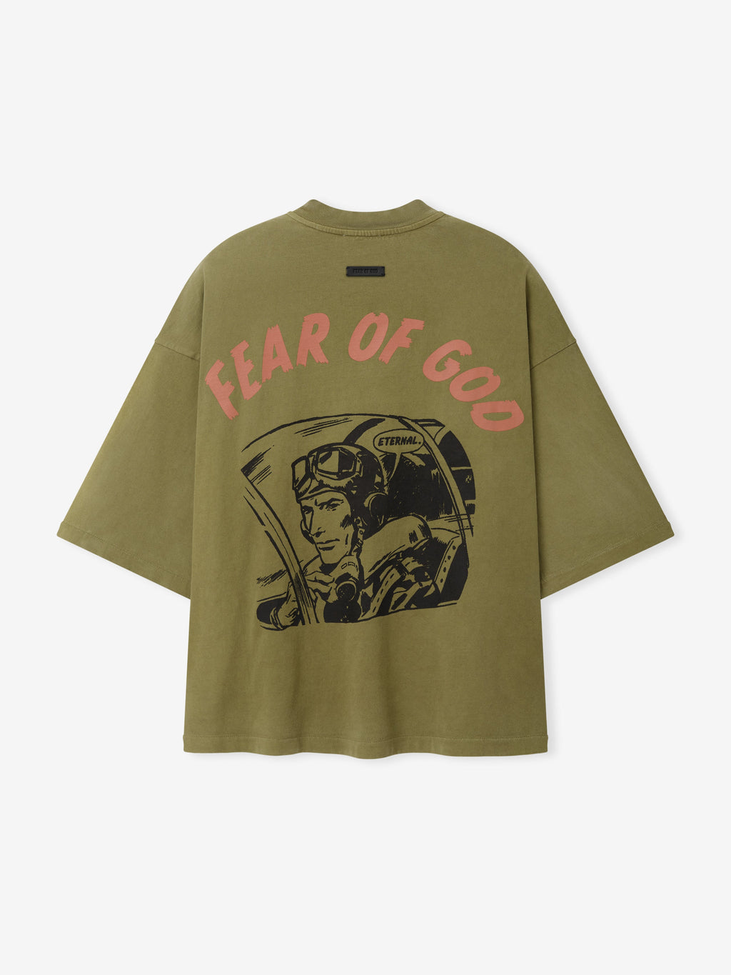 Flight Tee in olive green with red Fear of God lettering and a vintage pilot illustration across the front shown flat as Tops