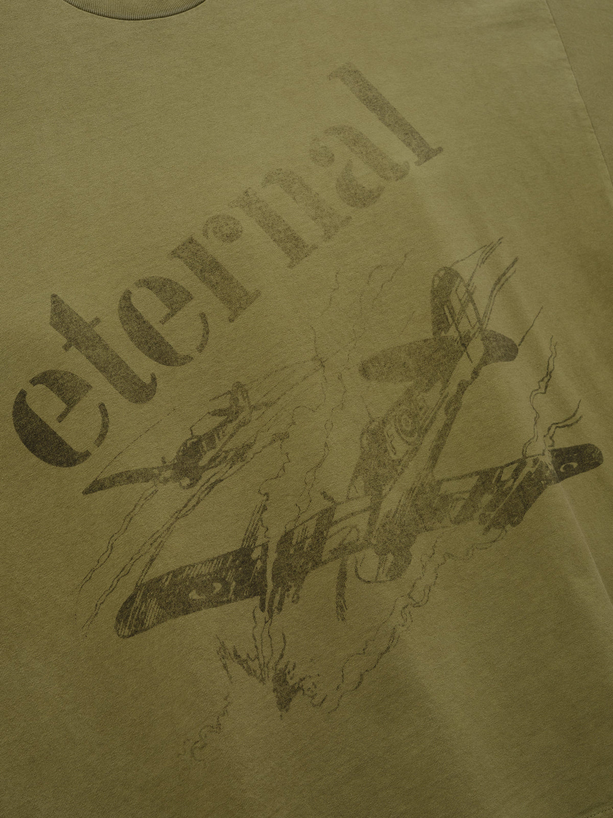 Flight Tee in olive green with tonal Eternal lettering and a vintage aircraft illustration across the front shown in close detail as Tops