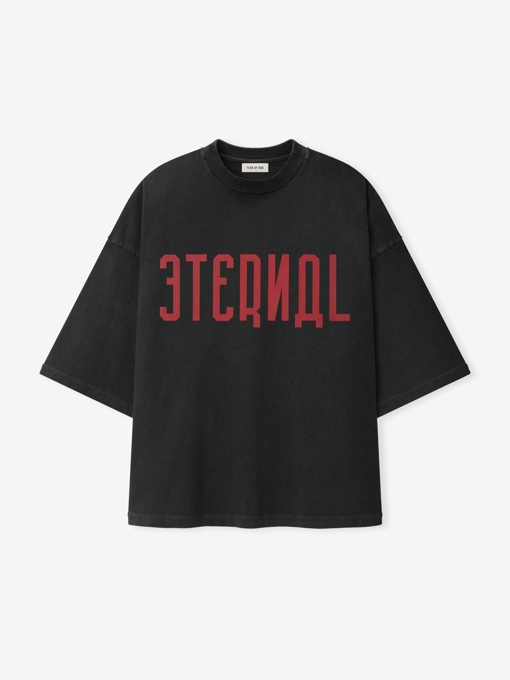 Eternal Tee in black with bold red Eternal lettering across the chest and short sleeves shown flat as Tops
