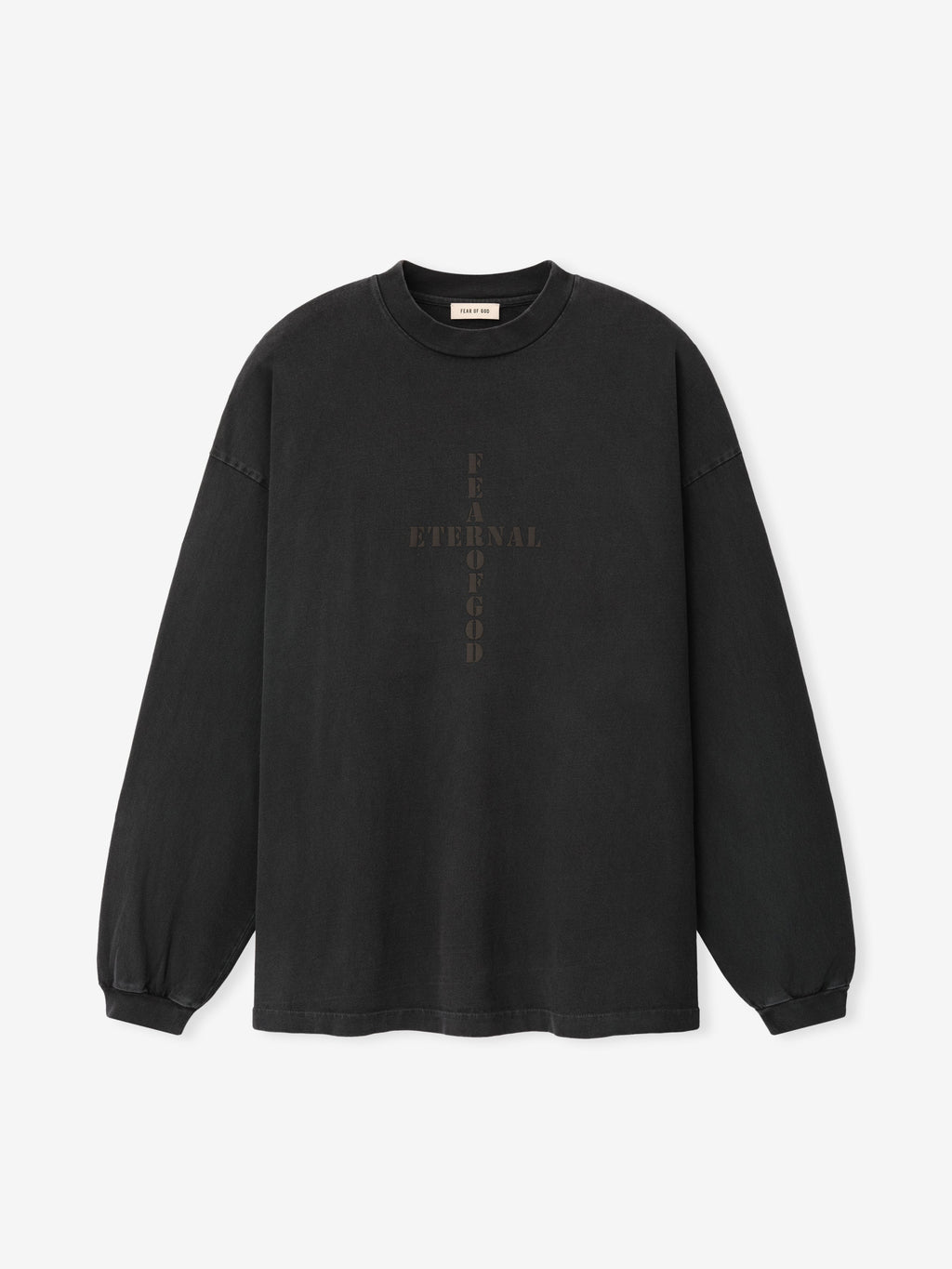 Cross Long Sleeve Tee in black with a subtle tonal cross graphic and ribbed crew neckline shown flat as Tops