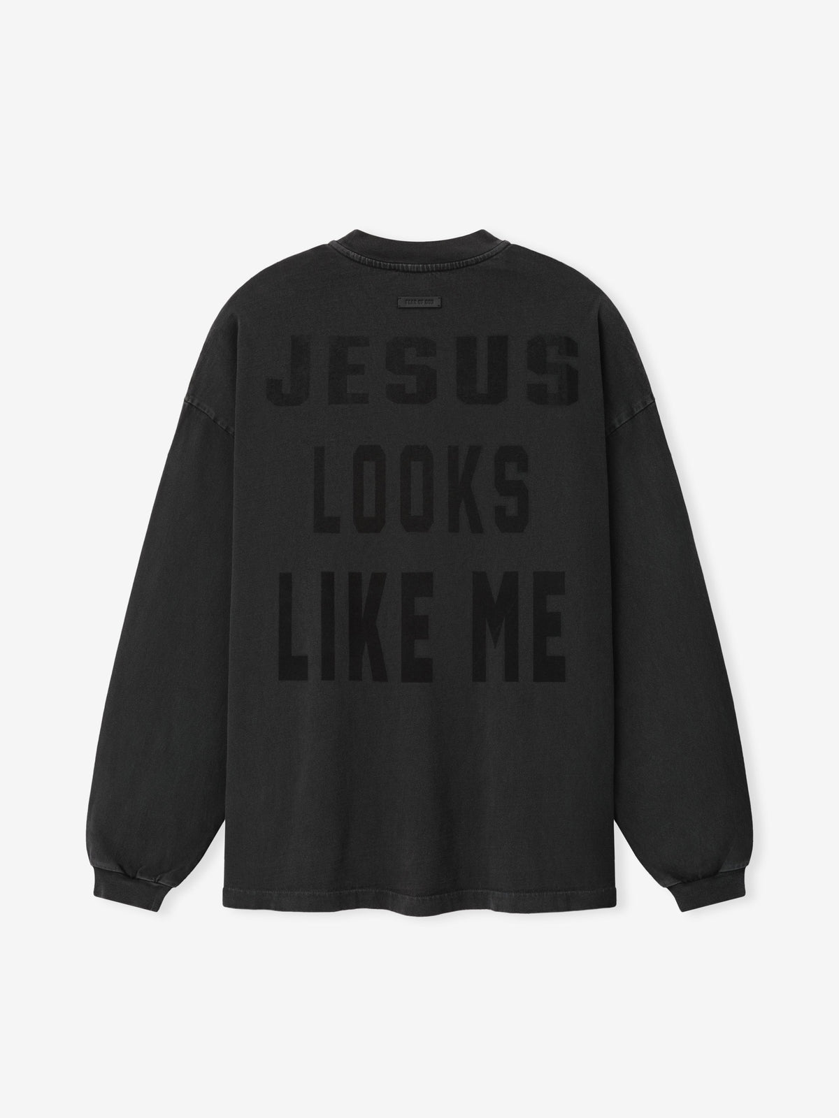Cross Long Sleeve Tee in black with tonal JESUS LOOKS LIKE ME lettering across the front and ribbed cuffs shown flat as Tops