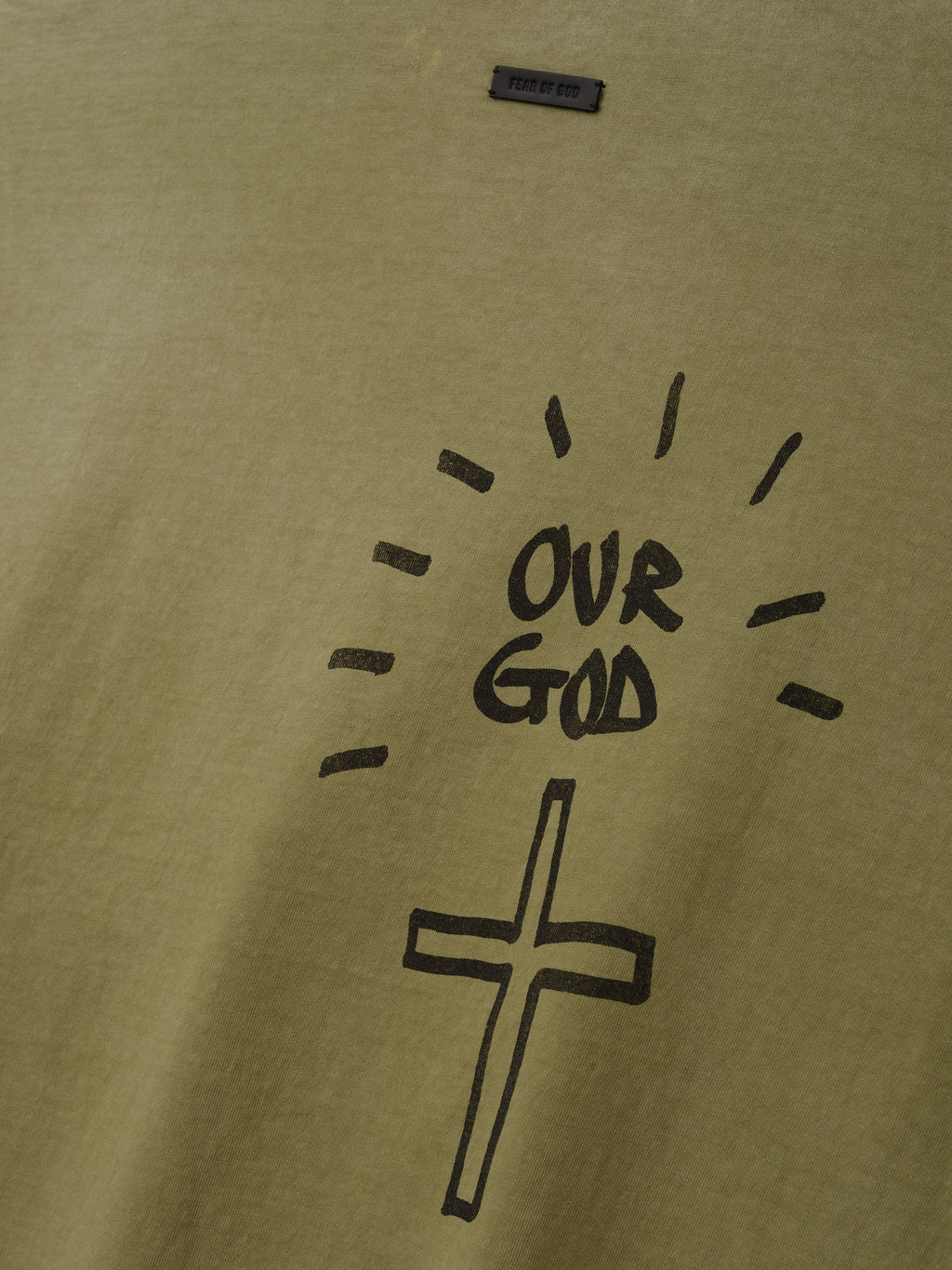 Hand Written Mockneck Long Sleeve Tee in olive green with black handwritten OUR GOD lettering and outlined cross graphic shown in close detail as Tops