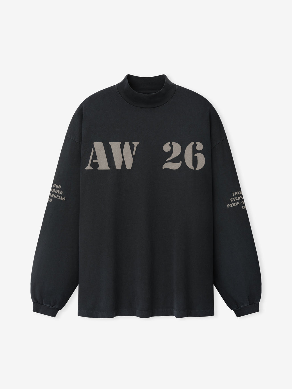AW26 Mockneck Long Sleeve Tee in black with tonal AW 26 chest lettering and small white sleeve graphics shown flat with ribbed mockneck and cuffs as Tops