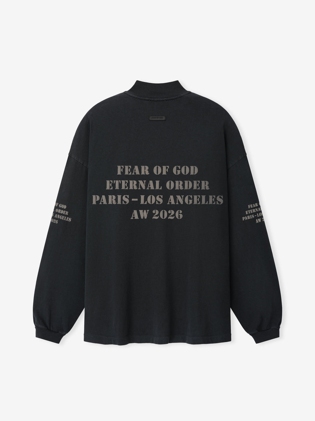 AW26 Mockneck Long Sleeve Tee in black with gray Fear of God Eternal Order Paris Los Angeles AW 2026 chest lettering and sleeve graphics shown flat as Tops