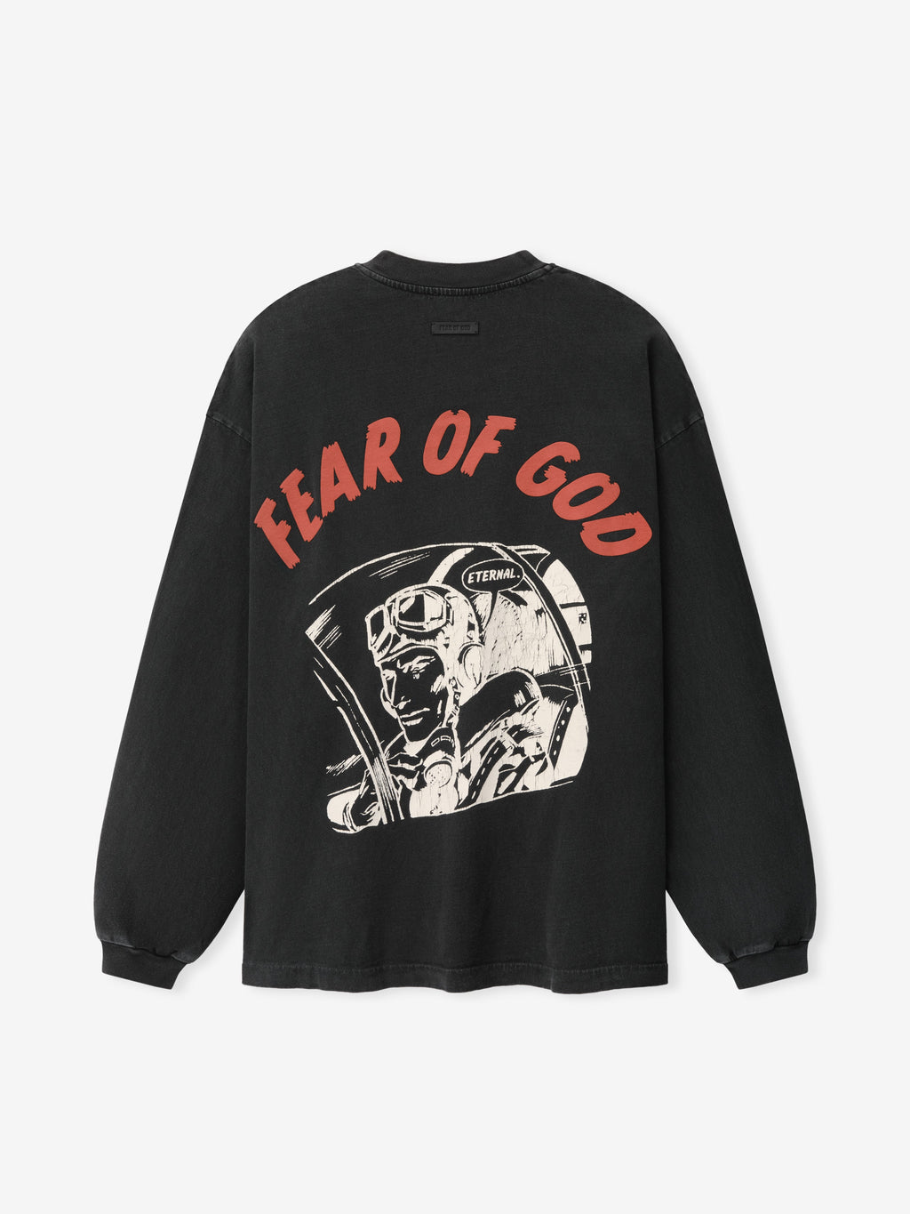 Flight Long Sleeve Tee in black with red Fear of God lettering and vintage astronaut artwork shown flat as Tops