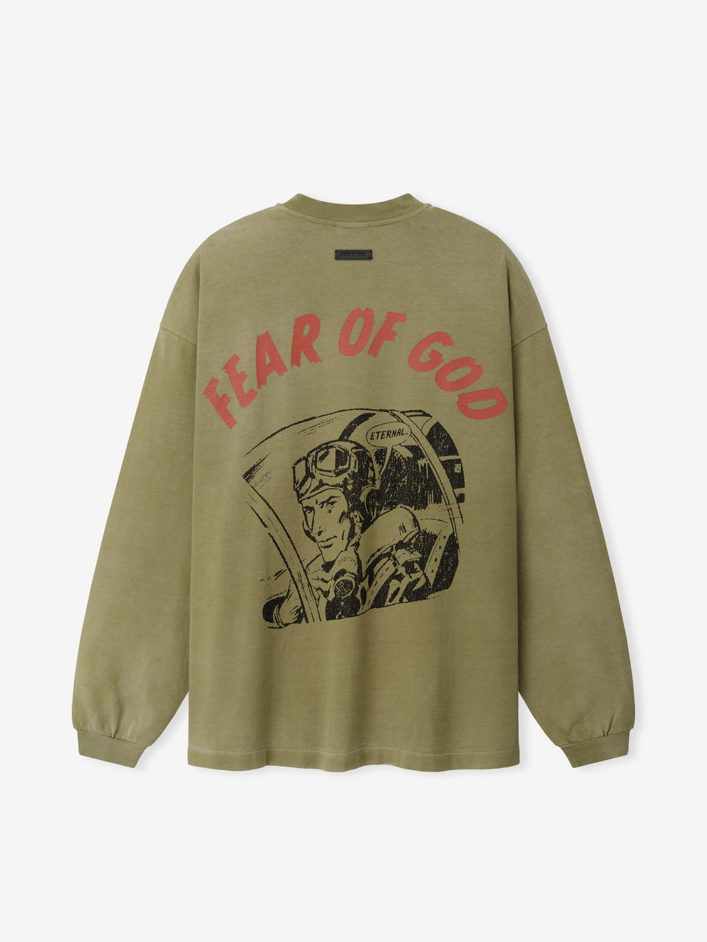 Flight Long Sleeve Tee in olive green with red Fear of God lettering and black vintage astronaut cockpit artwork shown flat as Tops