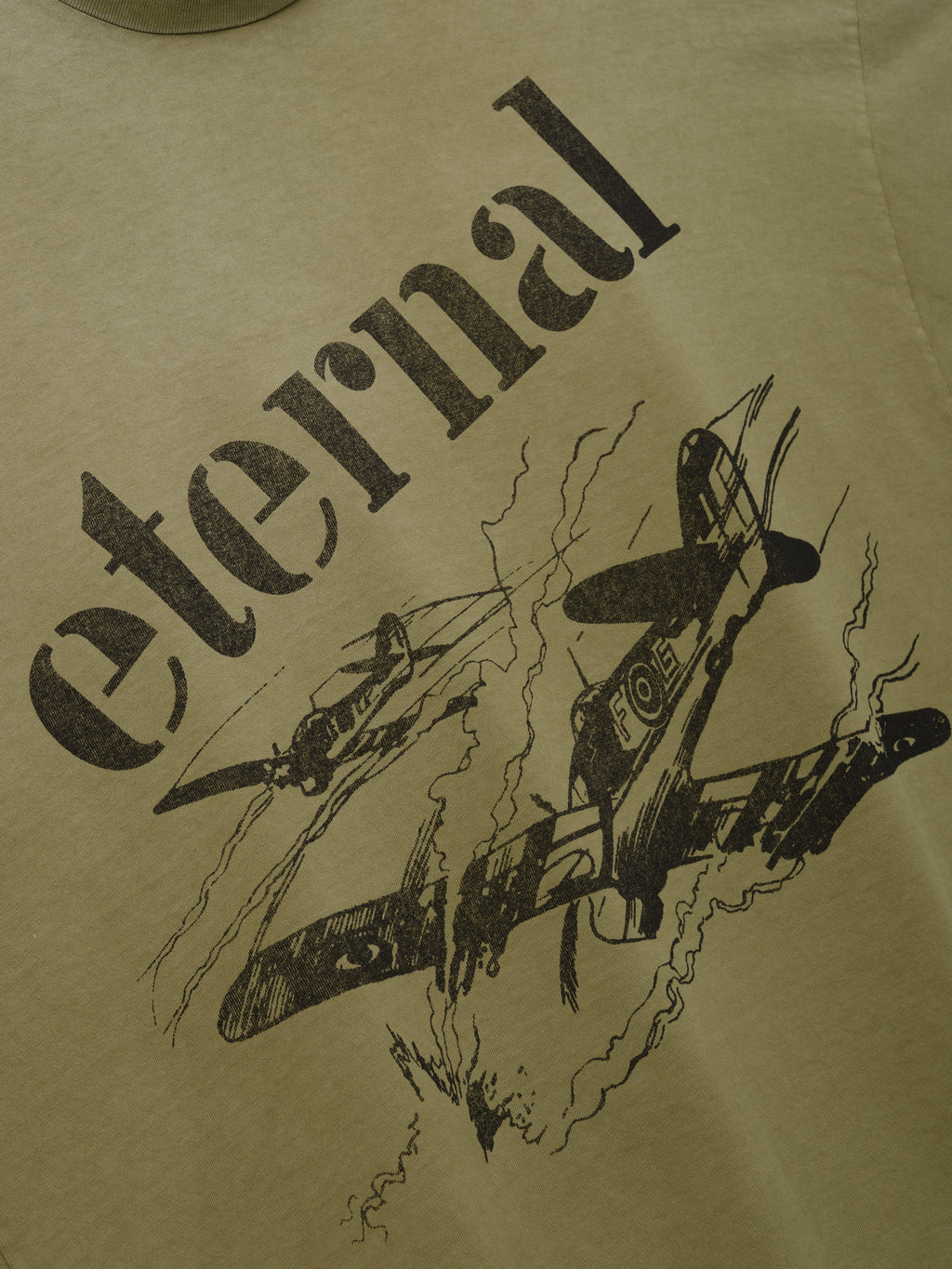 Flight Long Sleeve Tee in olive green with distressed black Eternal lettering and detailed vintage aircraft artwork shown in close detail as Tops
