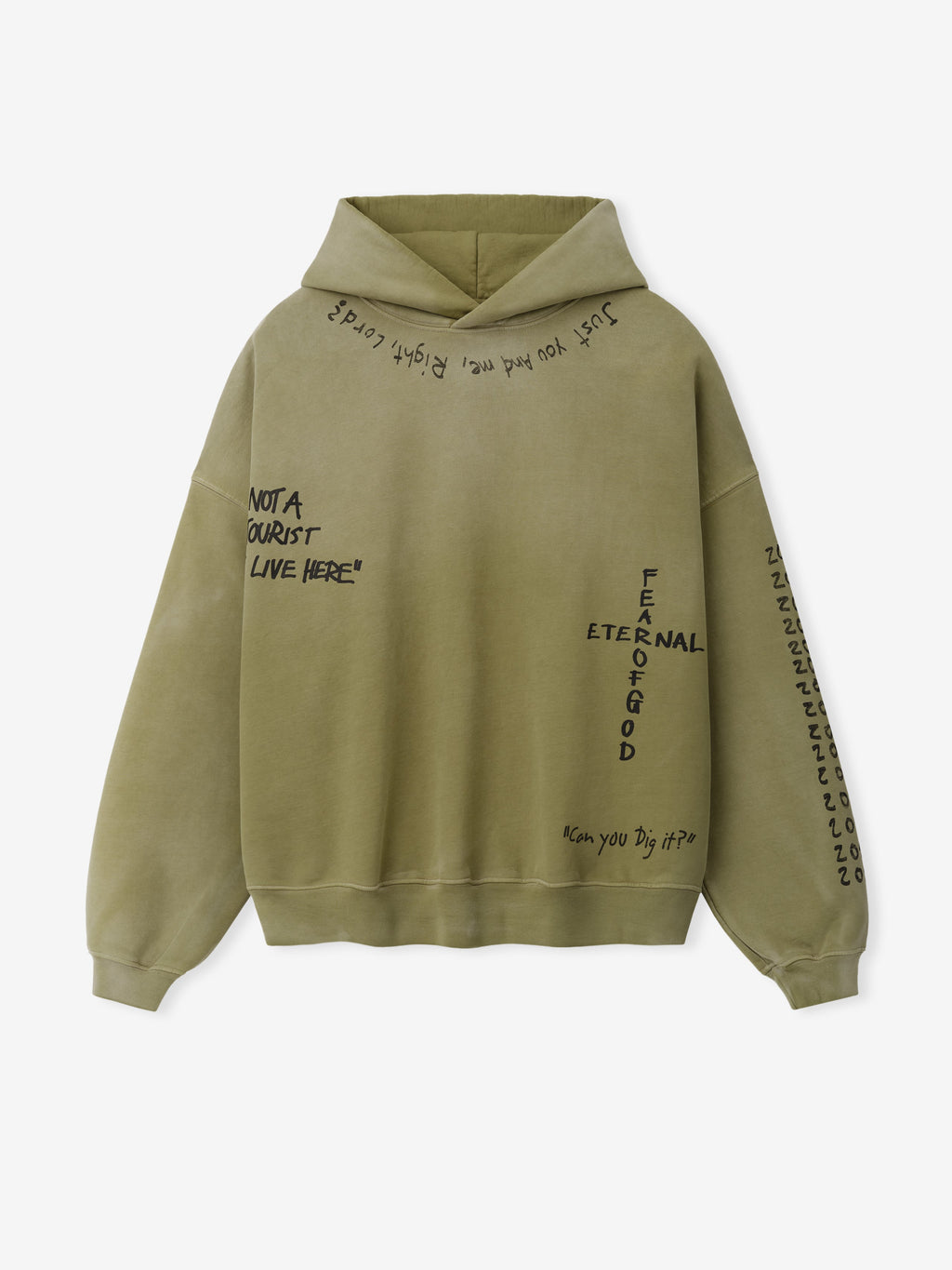 Hand Written Hoodie in sage green with handwritten Fear of God graphics across the hood sleeves and front shown flat as Tops