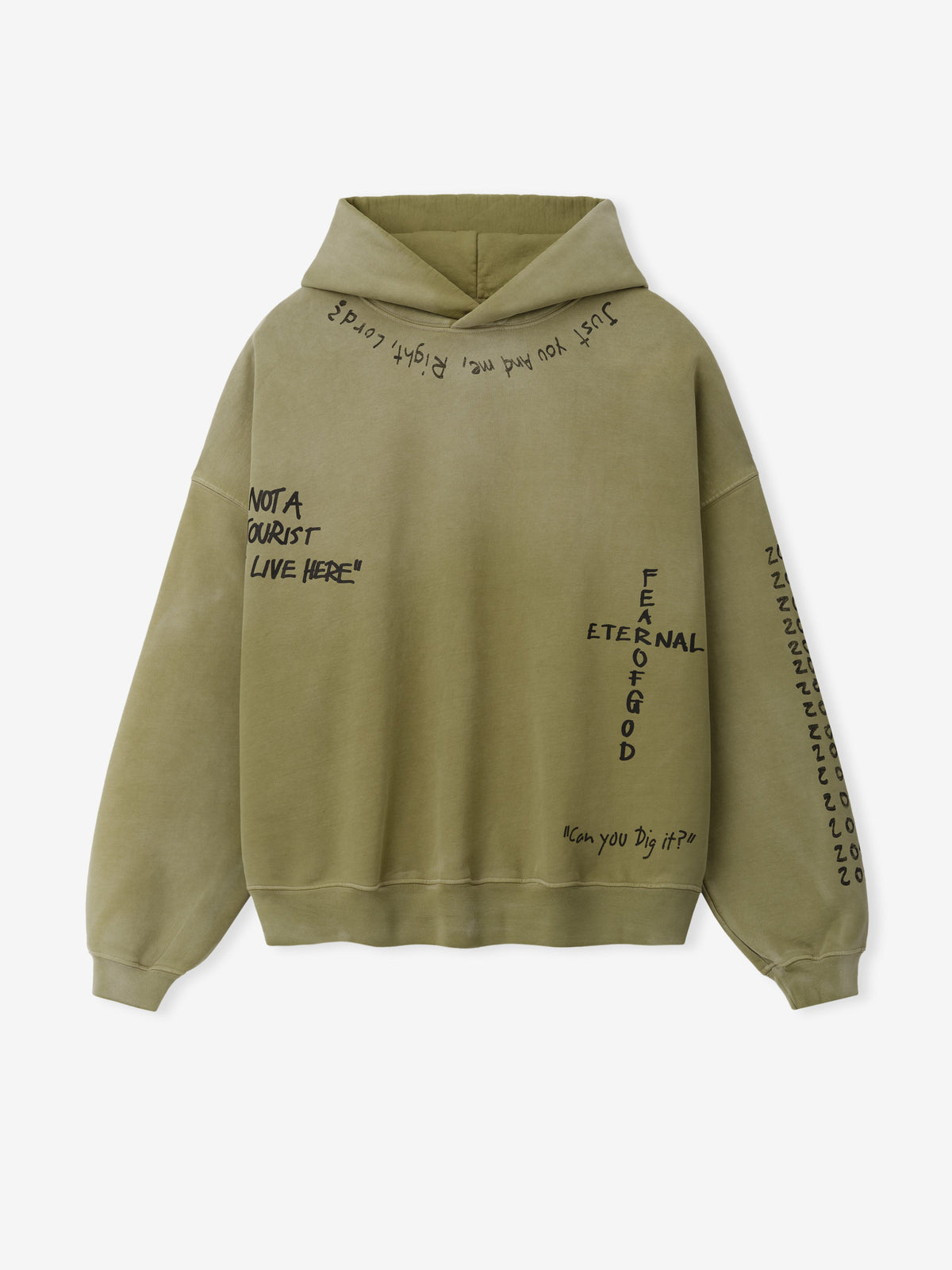 Hand Written Hoodie in sage green with handwritten Fear of God graphics across the hood sleeves and front shown flat as Tops
