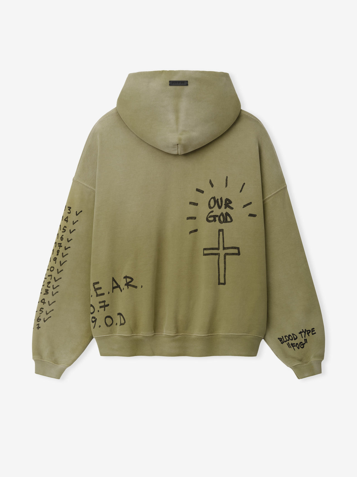 Hand Written Hoodie in sage green viewed from the back with handwritten Fear of God graphics a cross and sleeve lettering shown flat as Tops