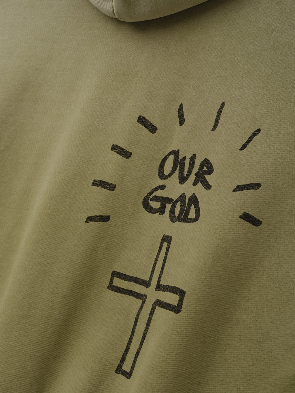 Hand Written Hoodie in olive green featuring a handwritten Our God graphic and outlined cross on the front shown in close detail as Tops