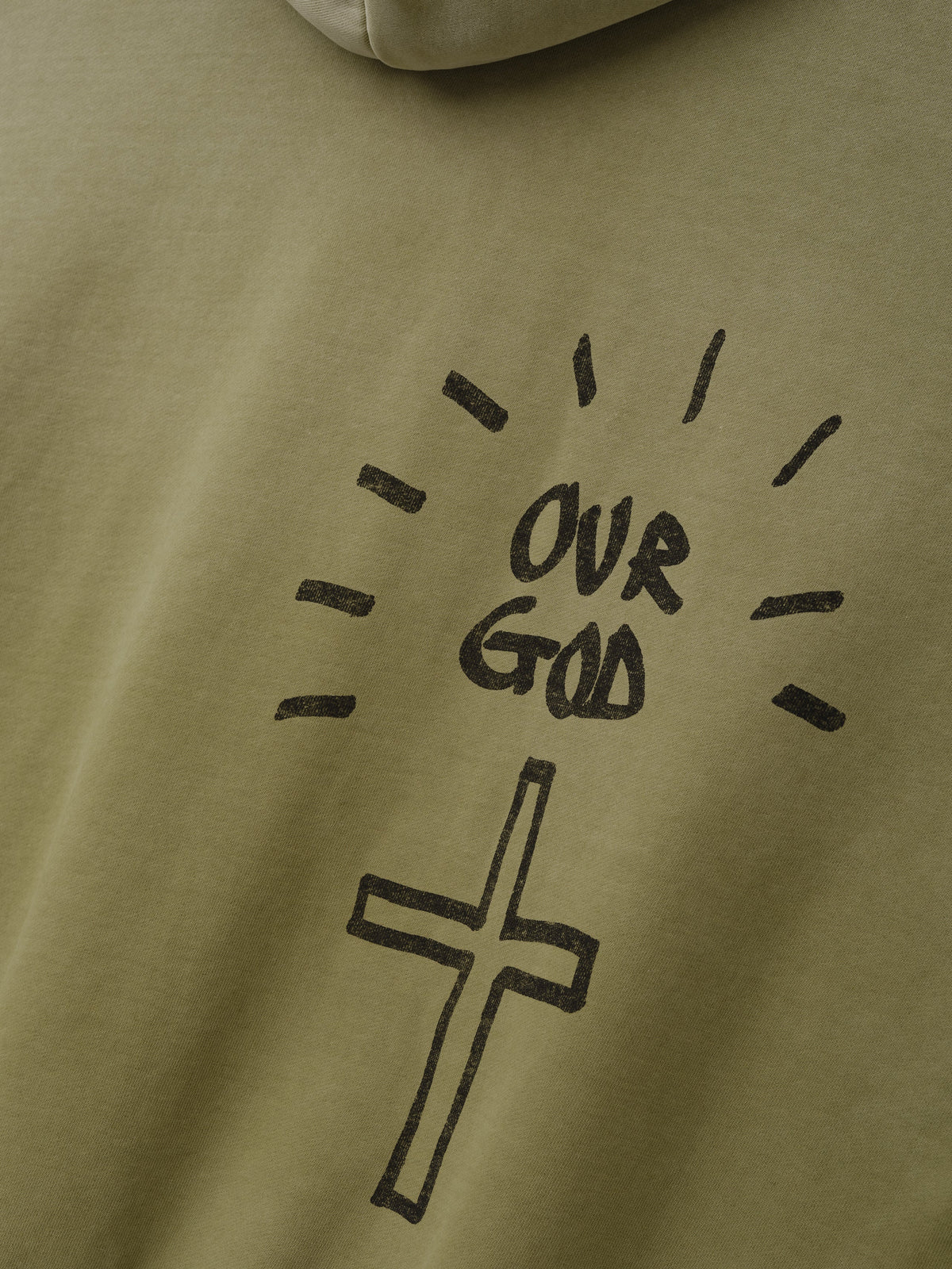 Hand Written Hoodie in olive green featuring a handwritten Our God graphic and outlined cross on the front shown in close detail as Tops