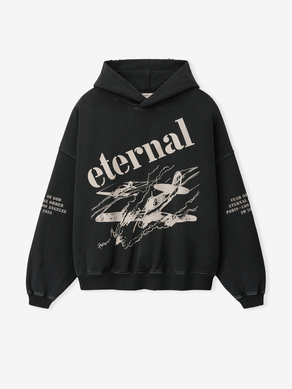 Flight Hoodie in black with large Eternal lettering vintage aircraft artwork on the front and printed sleeve details shown flat as Tops