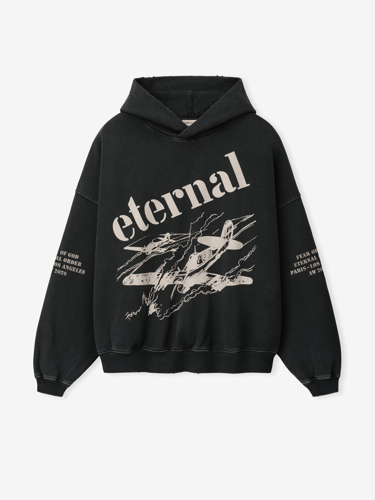 Flight Hoodie in black with large Eternal lettering vintage aircraft artwork on the front and printed sleeve details shown flat as Tops
