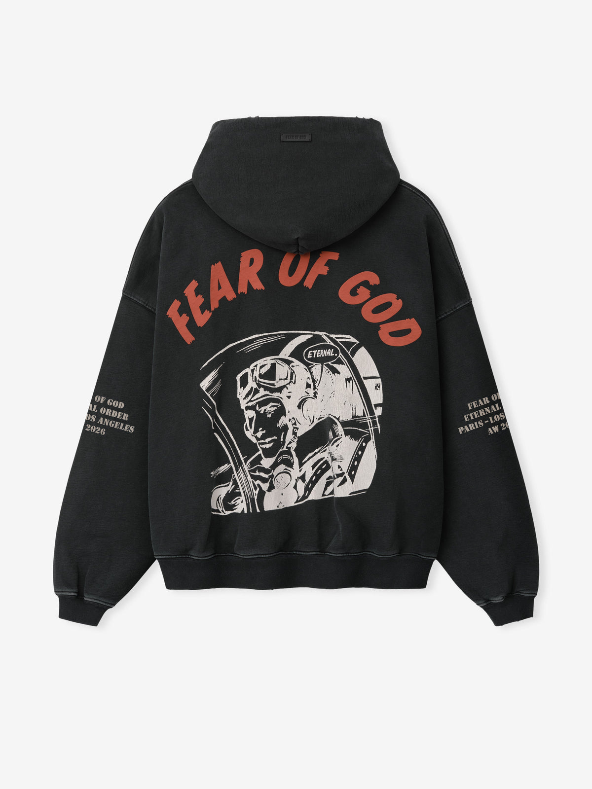 Flight Hoodie in black viewed from the back with red Fear of God lettering a vintage astronaut graphic and printed sleeve details shown flat as Tops