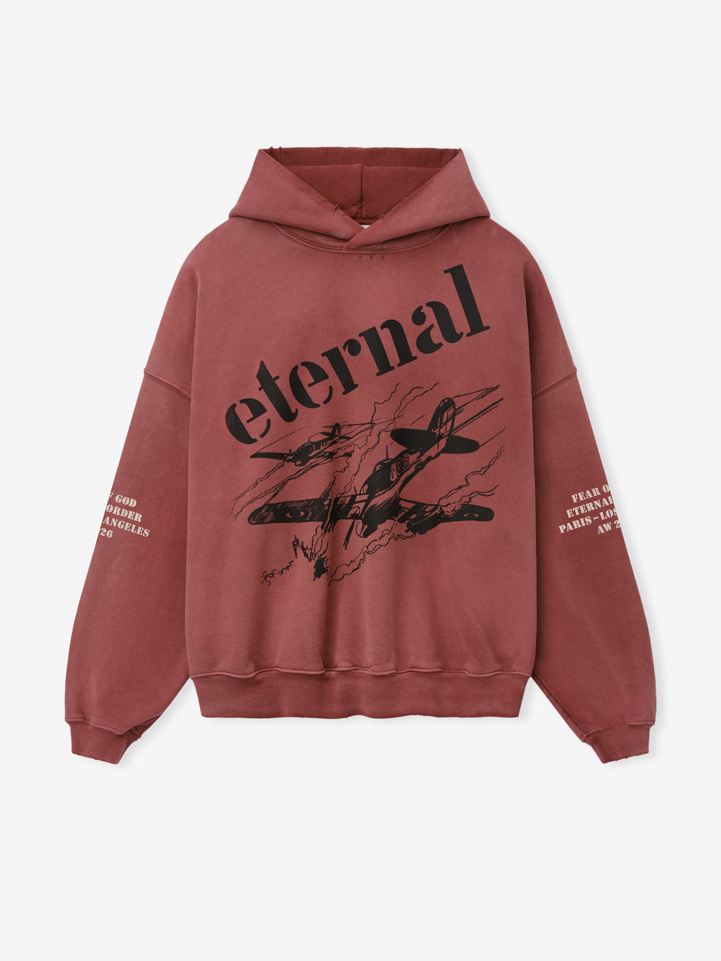 Flight Hoodie in faded burgundy with black Eternal lettering aircraft artwork and printed sleeve details shown flat as Tops