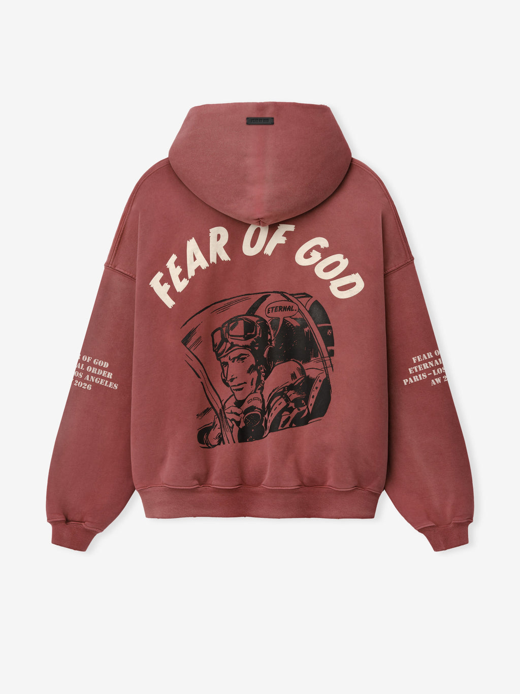 Flight Hoodie in faded burgundy viewed from the back with cream Fear of God lettering astronaut flight artwork and printed sleeve details shown flat as Tops