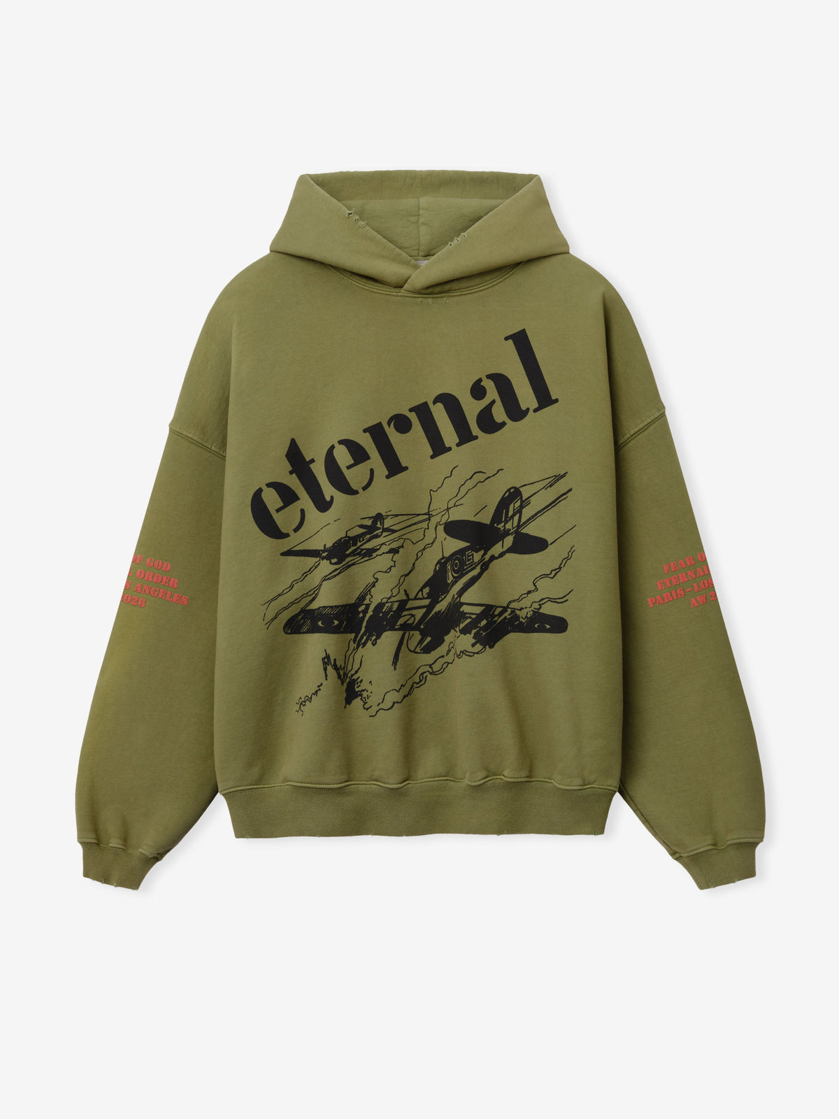 Flight Hoodie in olive green with oversized black Eternal lettering aircraft graphic and red printed sleeve details shown flat as Tops