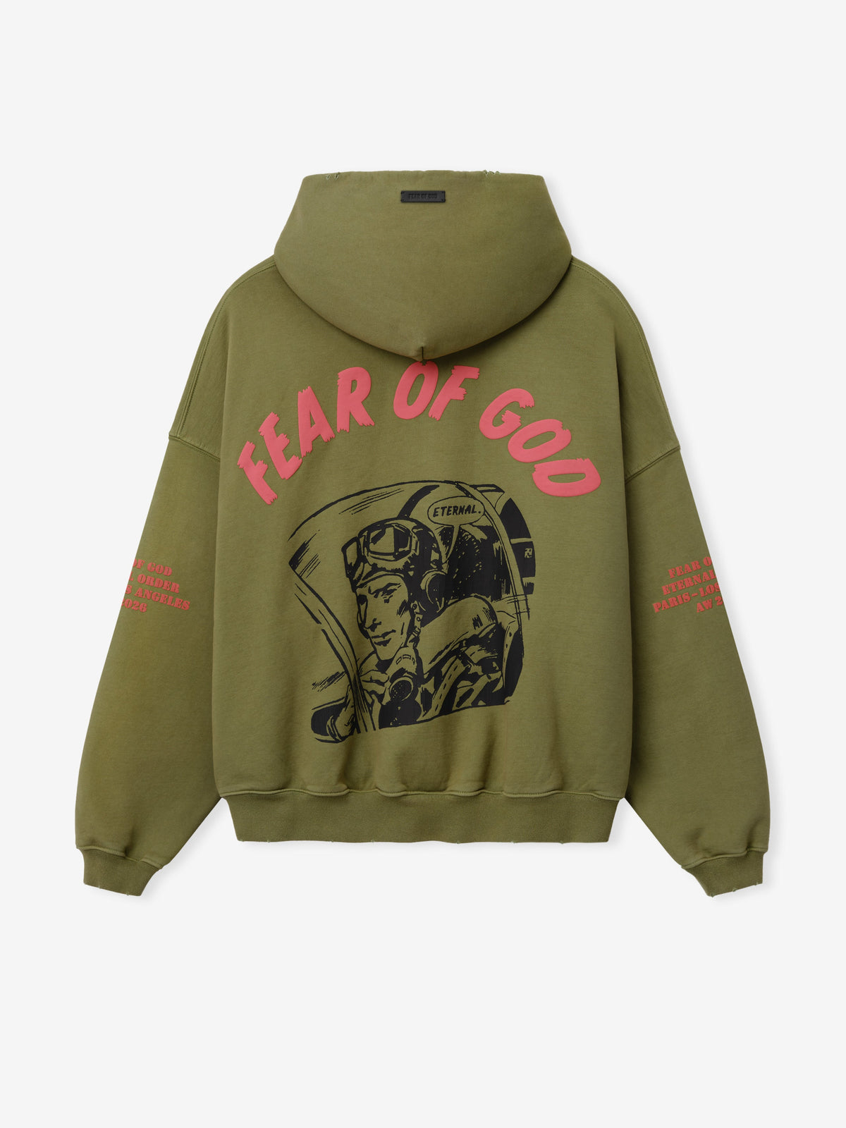 Flight Hoodie in olive green shown from the back with pink Fear of God lettering astronaut artwork and red printed sleeve details shown flat as Tops
