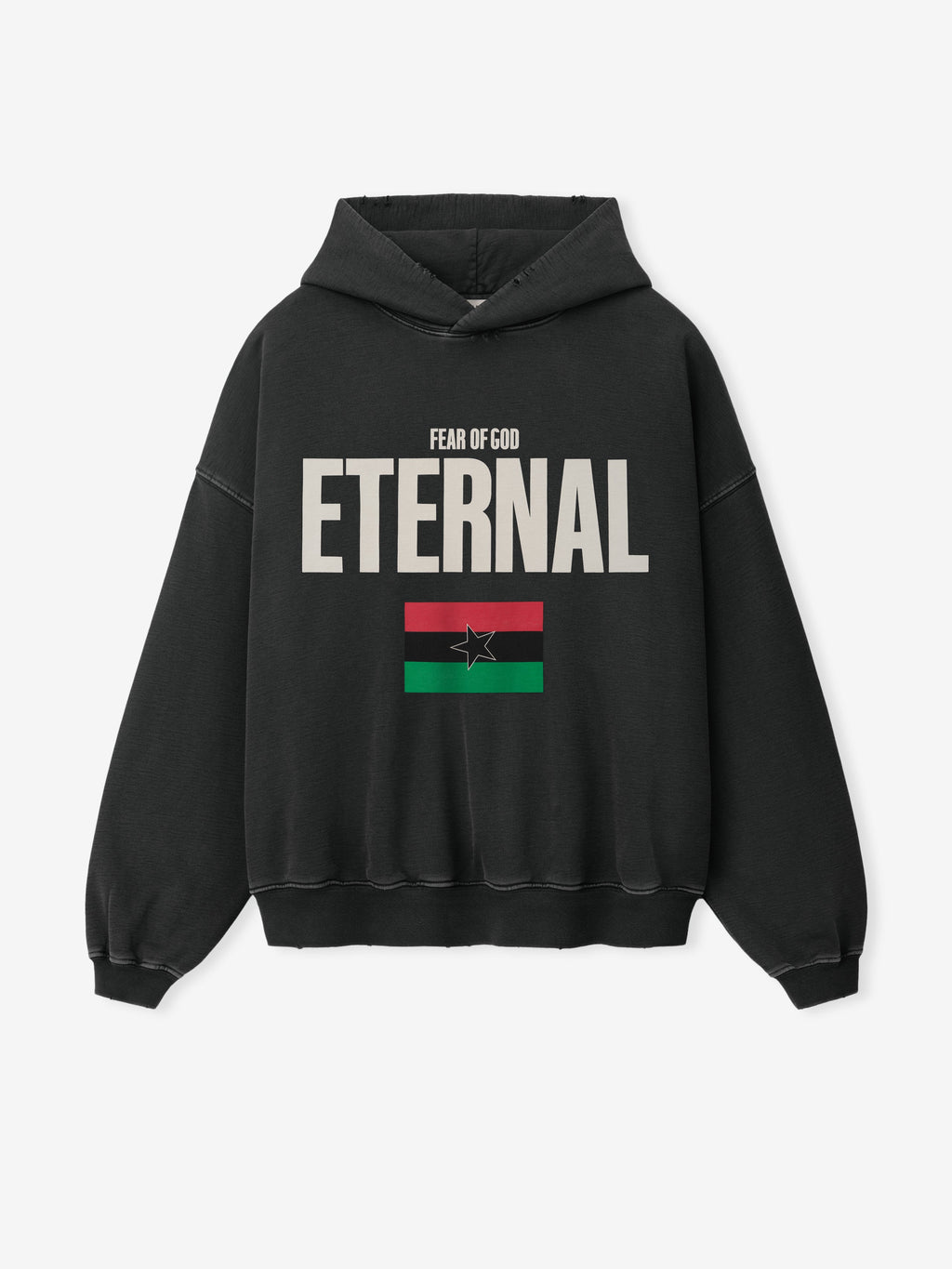 Reflection Eternal Hoodie in black with cream Fear of God Eternal lettering and red green flag graphic shown from the front as Tops