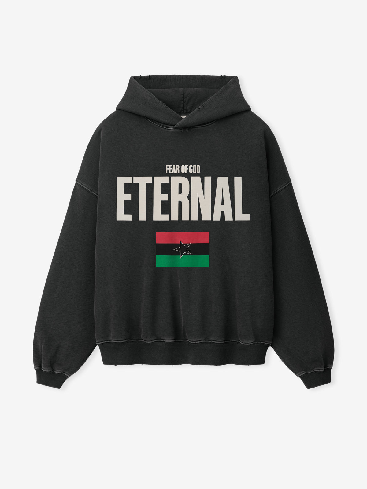 Reflection Eternal Hoodie in black with cream Fear of God Eternal lettering and red green flag graphic shown from the front as Tops