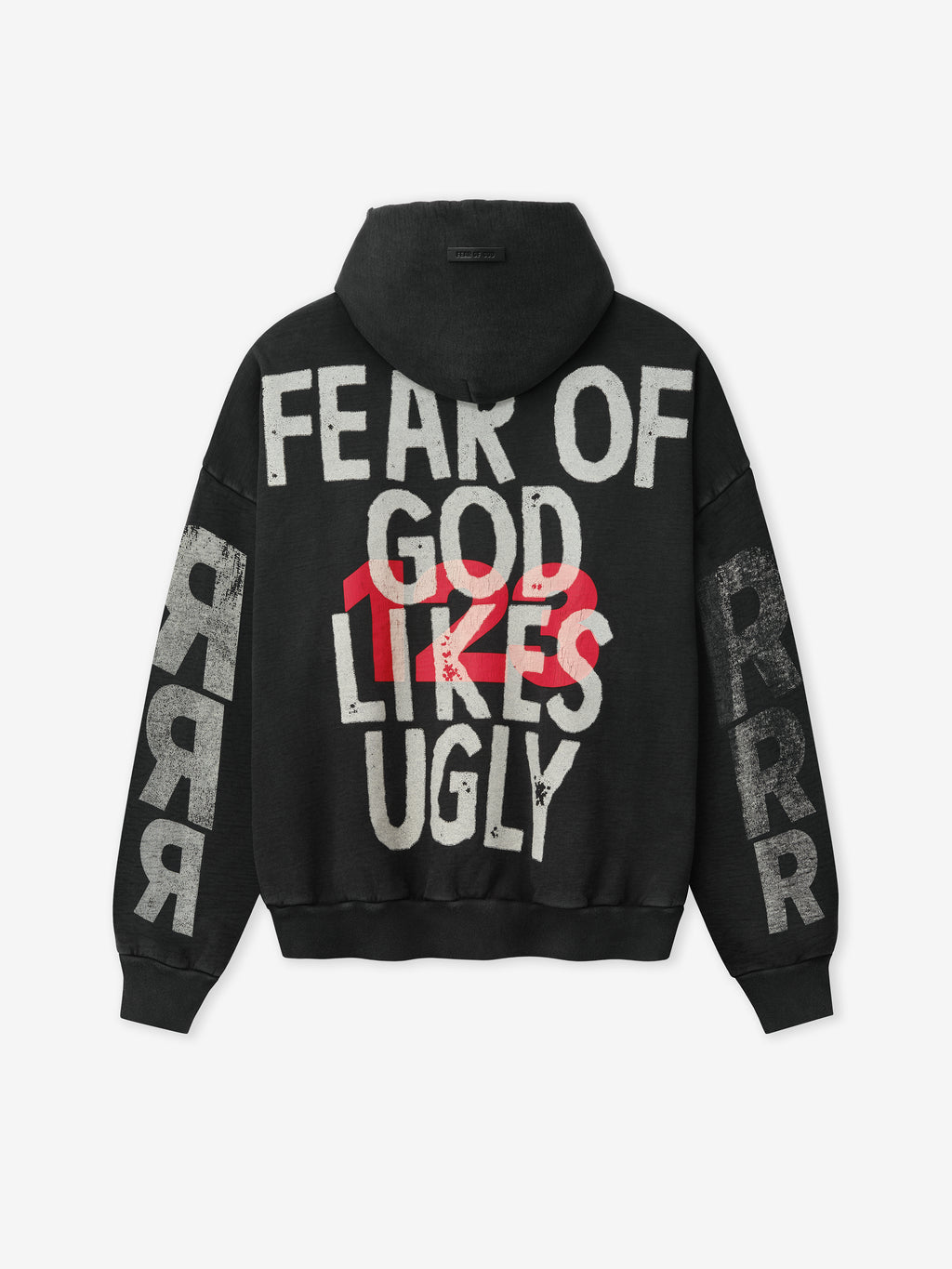 black cotton fleece hoodie with large distressed Fear of God God Does Like Ugly graphic on back and bold sleeve print