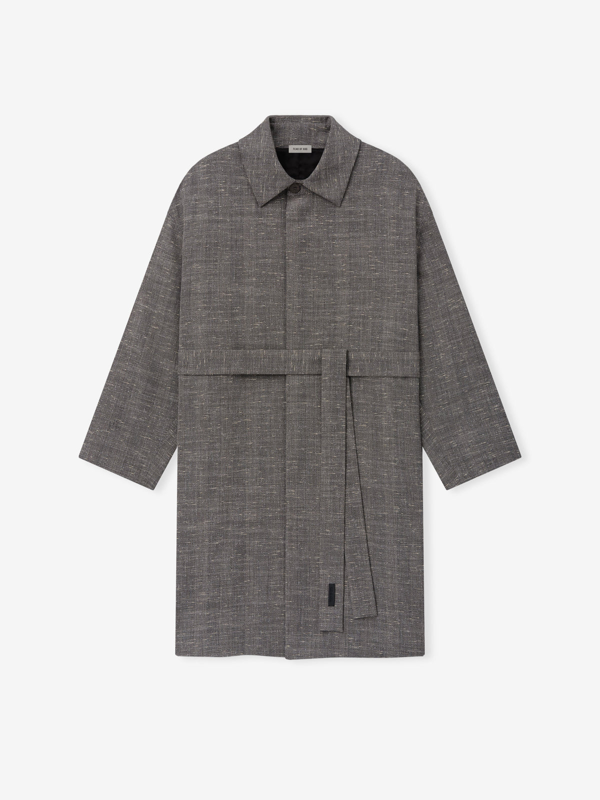 Slub Wool Cotton Casual Trench Coat in gray shown flat with pointed collar long sleeves belted waist flap pockets and clean front design as Outerwear