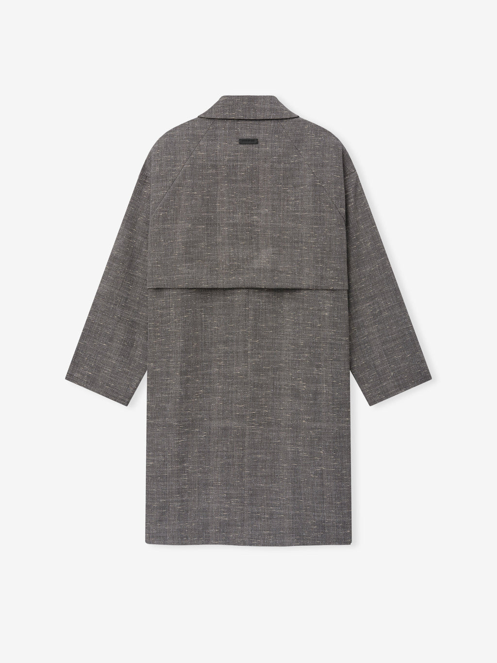 Slub Wool Cotton Casual Trench Coat in gray shown from the back with long sleeves rear yoke panel and clean straight silhouette as Outerwear