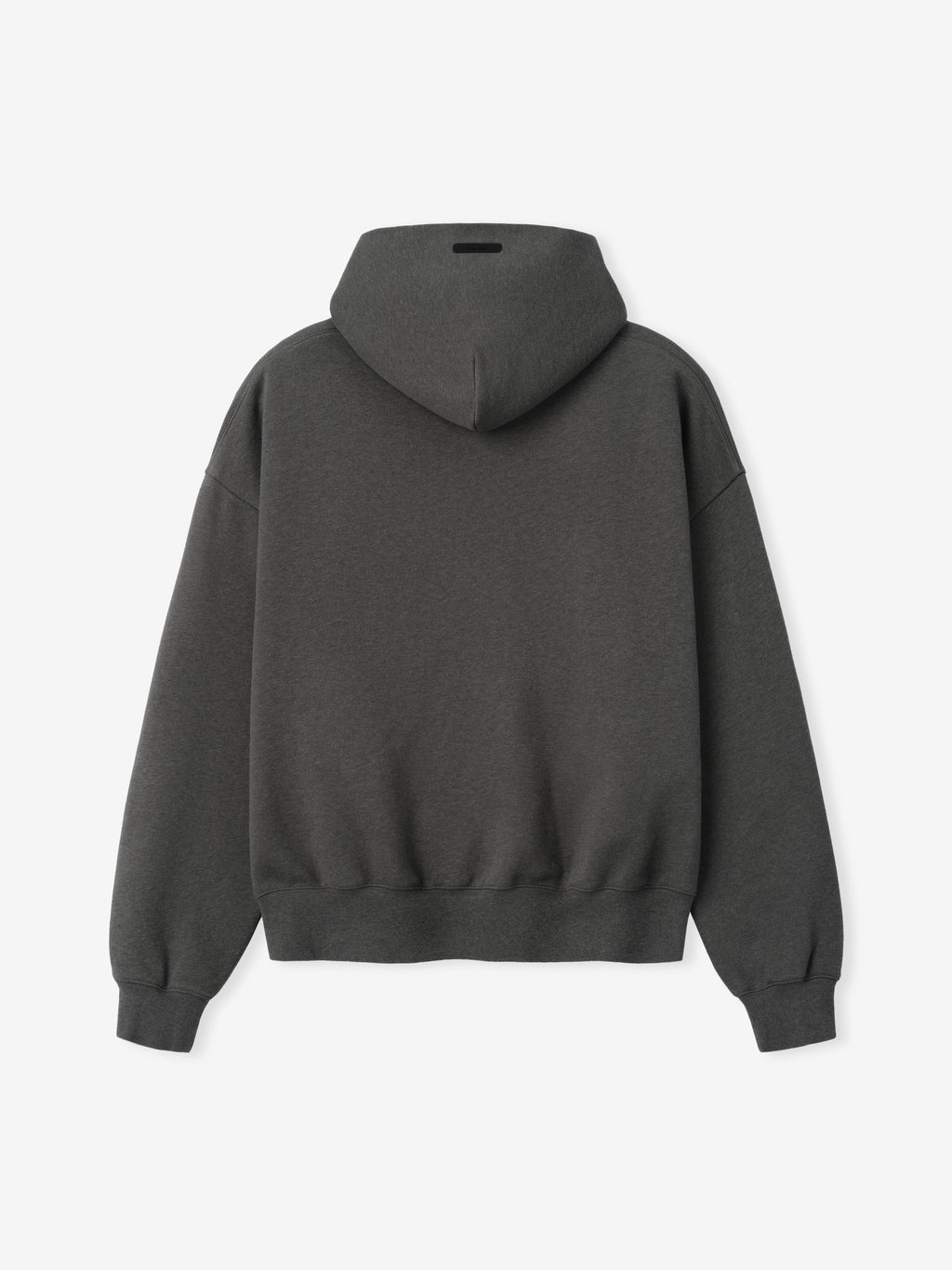 Signature Classic Zip Up Hoodie in dark gray shown from the back with hood ribbed cuffs and hem and relaxed fit displayed flat as Tops