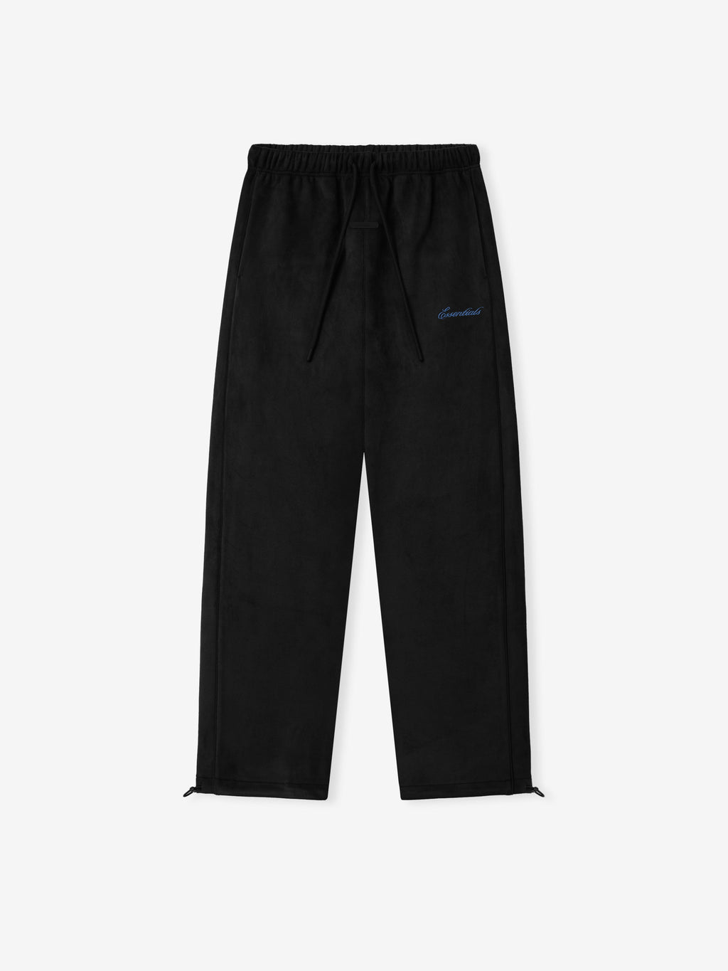 Suede Fleece Signature Relaxed Pant W/ Piping in black with an elastic drawstring waistband, relaxed straight legs, open hems, and subtle blue script logo shown as Bottoms