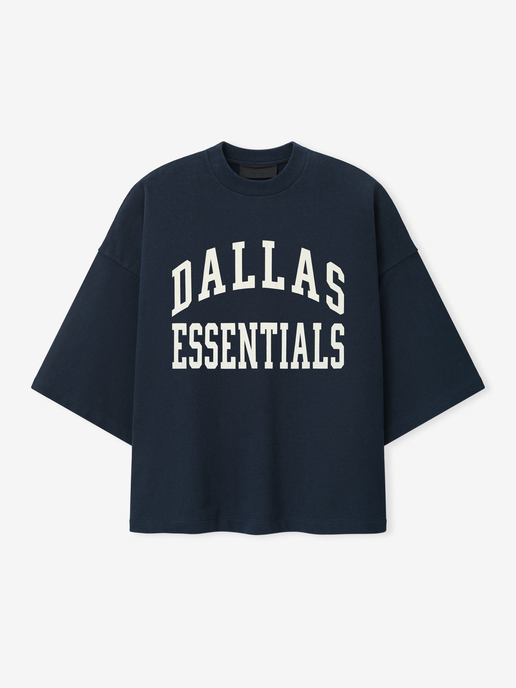 Cowboys Merch Tee navy short sleeve T shirt with bold Dallas Essentials collegiate lettering displayed against a clean light background in a Tops product view