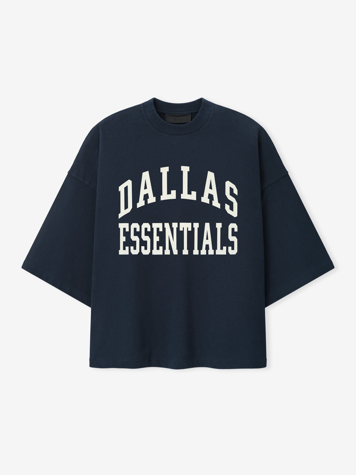 Cowboys Merch Tee navy short sleeve T shirt with bold Dallas Essentials collegiate lettering displayed against a clean light background in a Tops product view