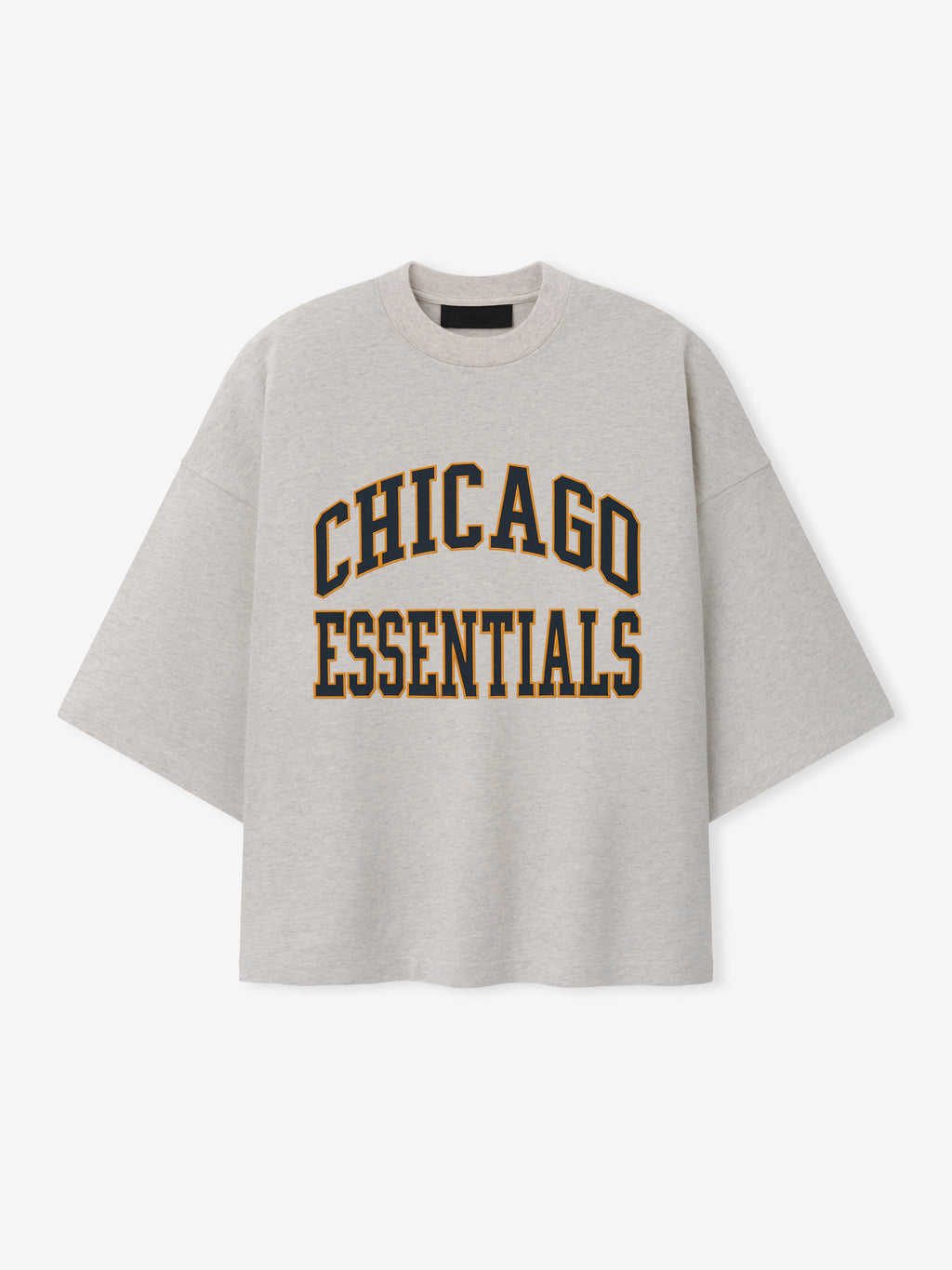Bears Merch Tee gray short sleeve T shirt with bold Chicago Essentials collegiate lettering shown against a light background in a clean Tops product view
