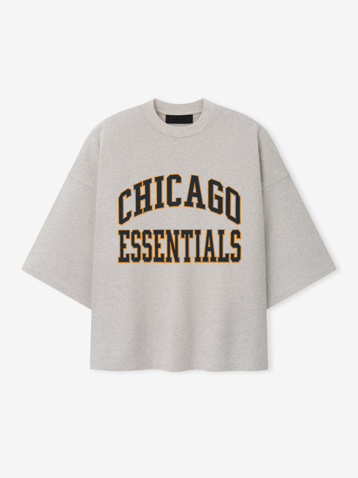 Bears Merch Tee gray short sleeve T shirt with bold Chicago Essentials collegiate lettering shown against a light background in a clean Tops product view