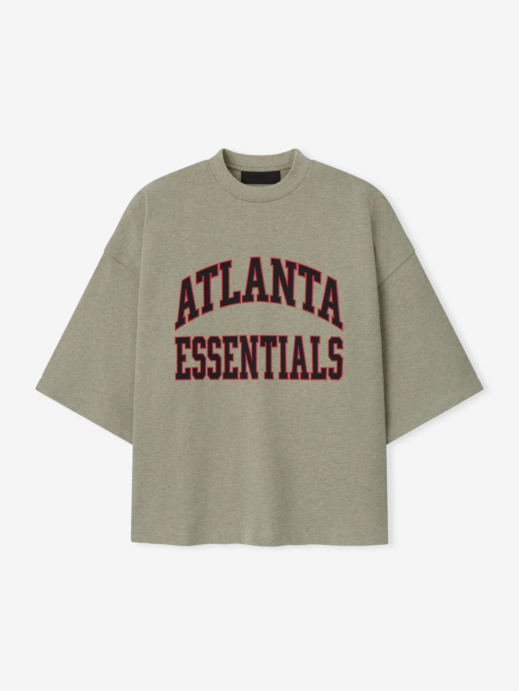 Falcons Merch Tee olive green short sleeve T shirt with bold red and black Atlanta Essentials collegiate lettering displayed against a light background in a clean Tops product view