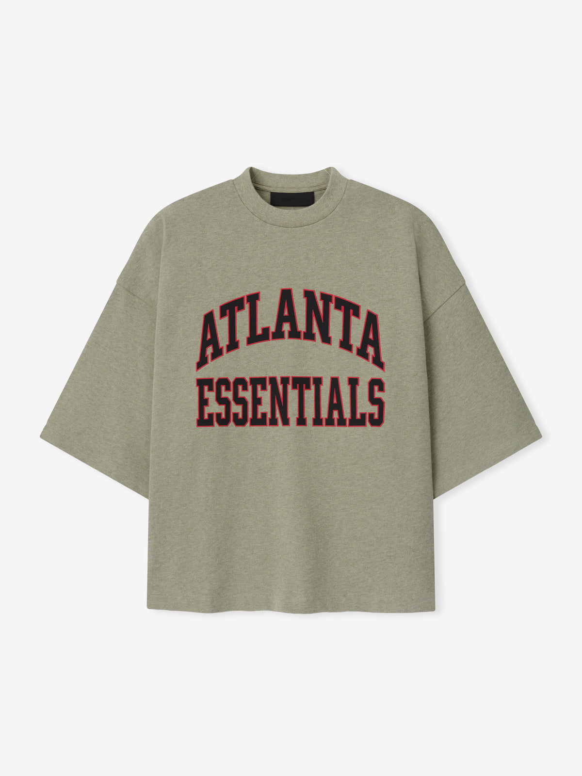Falcons Merch Tee olive green short sleeve T shirt with bold red and black Atlanta Essentials collegiate lettering displayed against a light background in a clean Tops product view