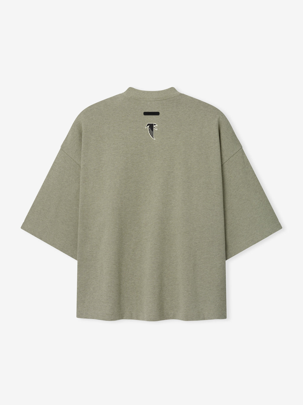 Falcons Merch Tee olive green short sleeve T shirt with a small black and white falcon emblem and black neck label shown against a light background in a clean Tops product view
