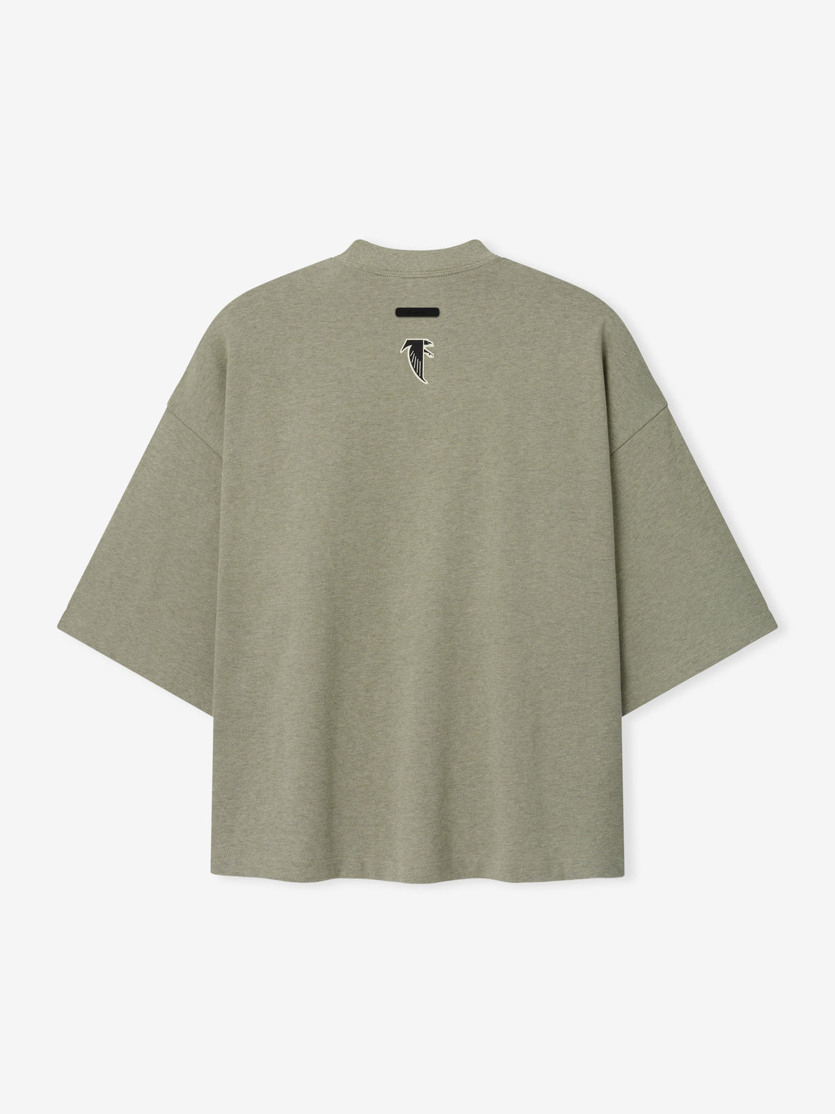 Falcons Merch Tee olive green short sleeve T shirt with a small black and white falcon emblem and black neck label shown against a light background in a clean Tops product view