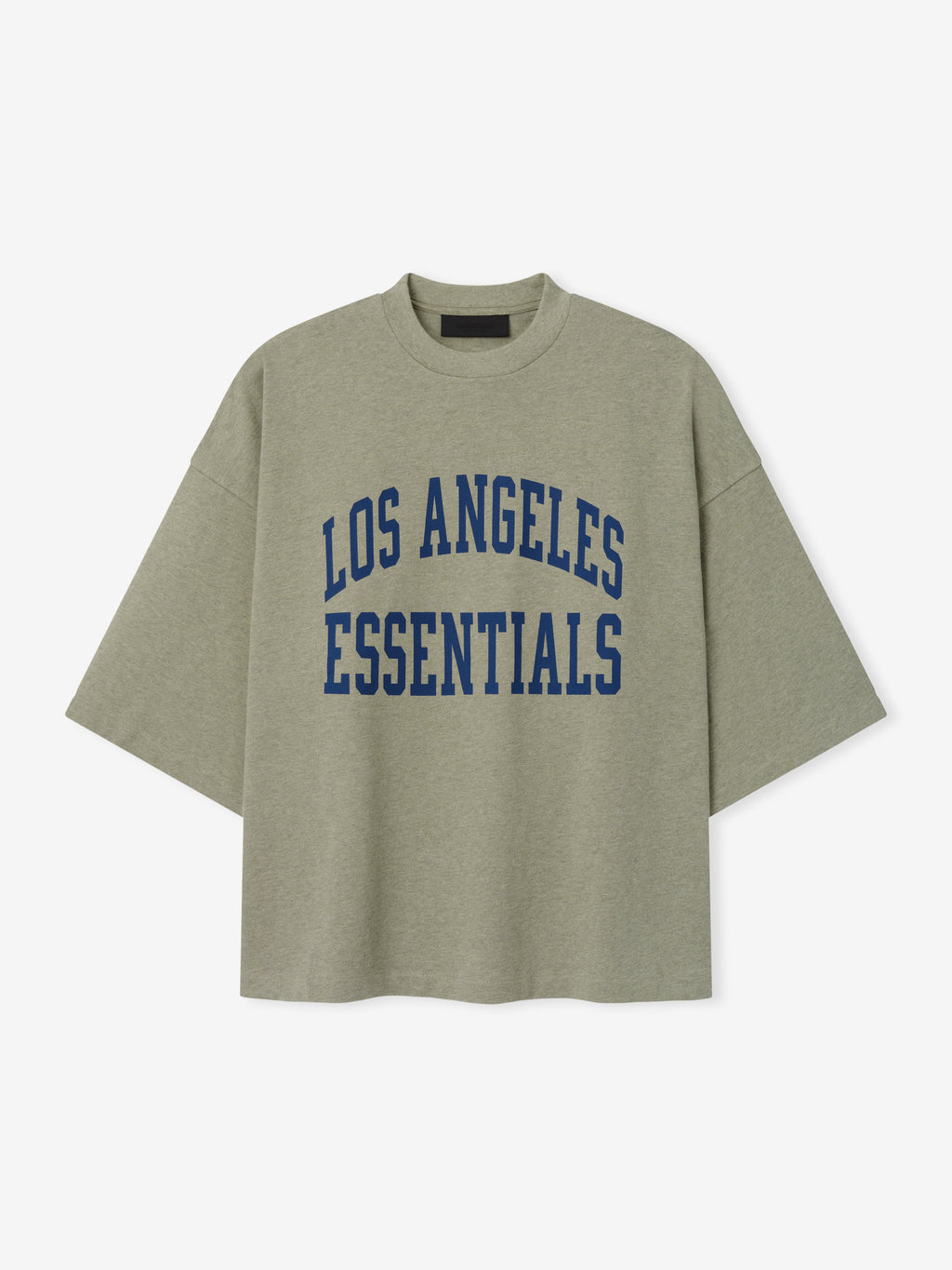 Rams Merch Tee gray short sleeve T shirt featuring bold blue Los Angeles Essentials collegiate lettering displayed against a light background in a clean Tops product view