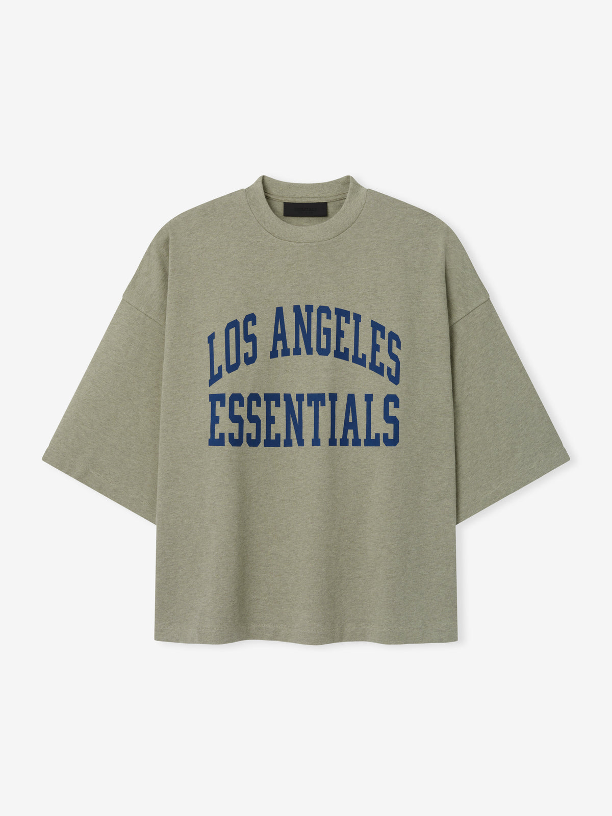 Rams Merch Tee gray short sleeve T shirt featuring bold blue Los Angeles Essentials collegiate lettering displayed against a light background in a clean Tops product view