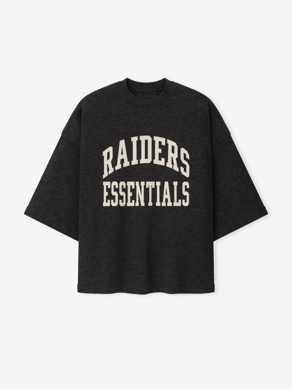 Raiders Merch Tee charcoal oversized short sleeve shirt with white Raiders Essentials varsity lettering displayed against a light background in a clean Tops product view